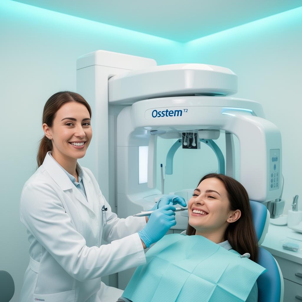 Paciente sonriendo con técnica dental junto a tomógrafo Osstem T2